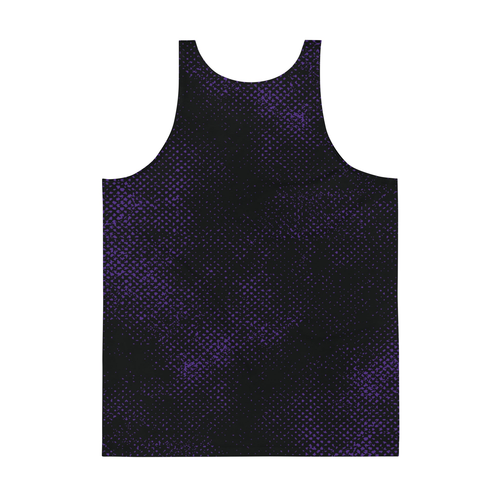 Spooky tank top for men in black and purple displaying a gothic horror skull and wings on the front. Pro wrestling tank top for men.