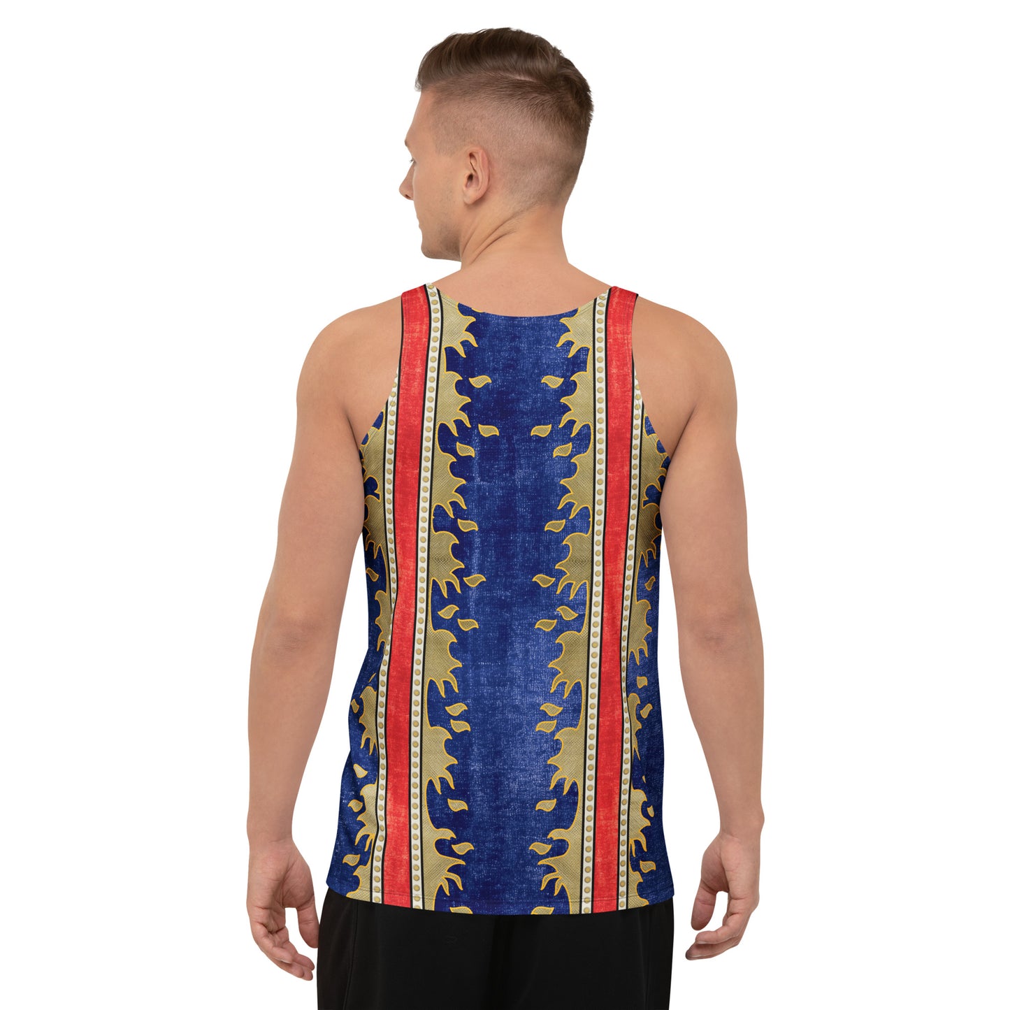Men modeling Military Eagle retro wrestling tank top with bold graphic american hero and fire print