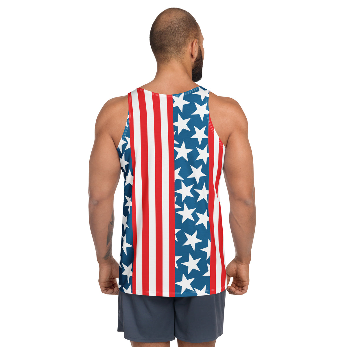 Patriot men's tank top, American flag stars and stripes print, back