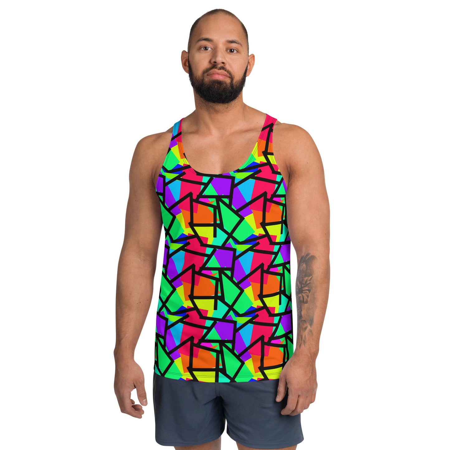 Harajuku Yume Kawaii fashion tank top in brightly coloured Pop Kei 80s Memphis design in red, orange, green, purple, yellow and turquoise geometric shapes and a black zigzag overlay on this neon funky gym and yoga sleeveless muscle top.