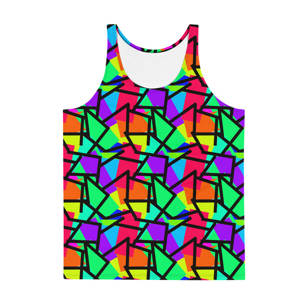 Harajuku Yume Kawaii fashion tank top in brightly coloured Pop Kei 80s Memphis design in red, orange, green, purple, yellow and turquoise geometric shapes and a black zigzag overlay on this neon funky gym and yoga sleeveless muscle top.