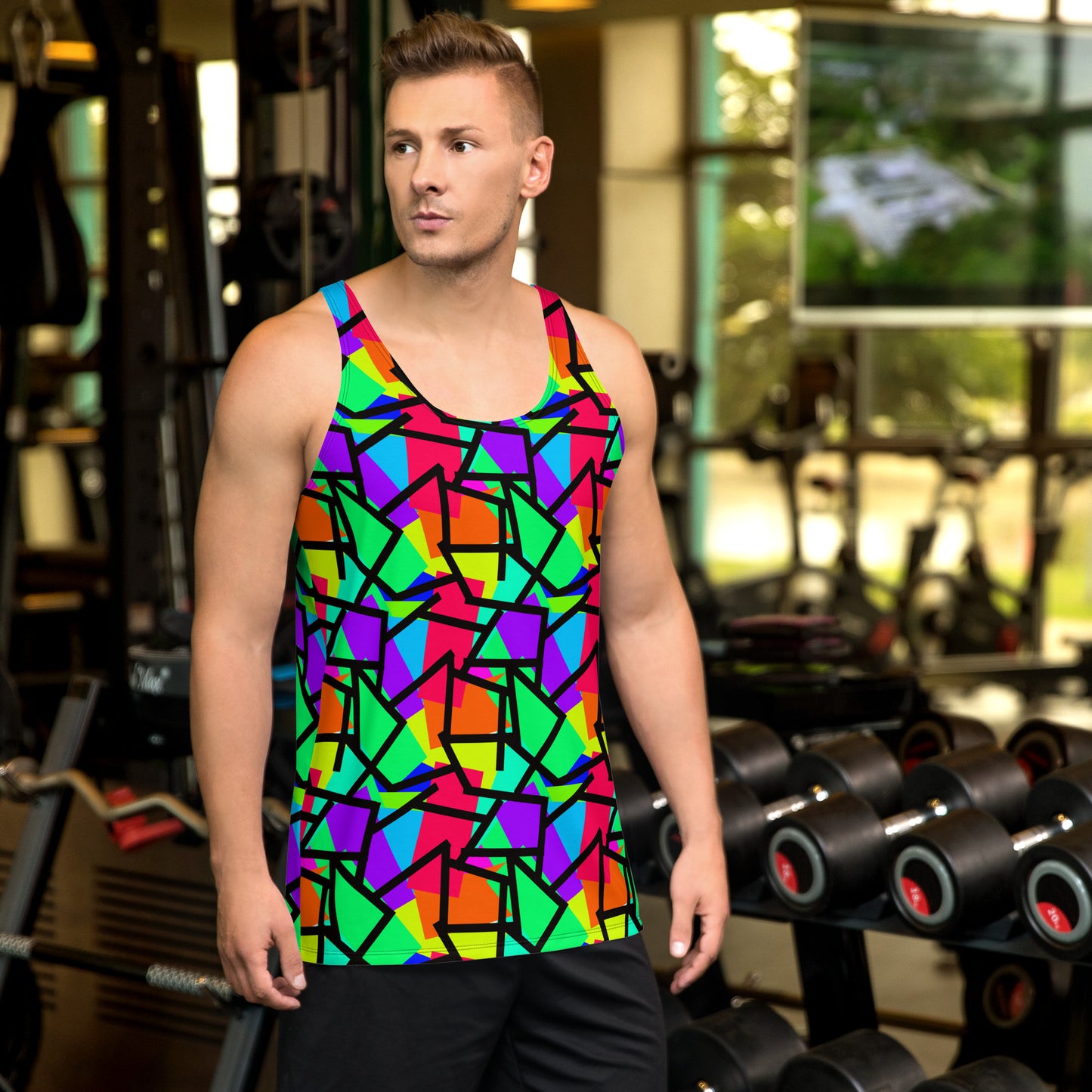 Harajuku Yume Kawaii fashion tank top in brightly coloured Pop Kei 80s Memphis design in red, orange, green, purple, yellow and turquoise geometric shapes and a black zigzag overlay on this neon funky gym and yoga sleeveless muscle top.