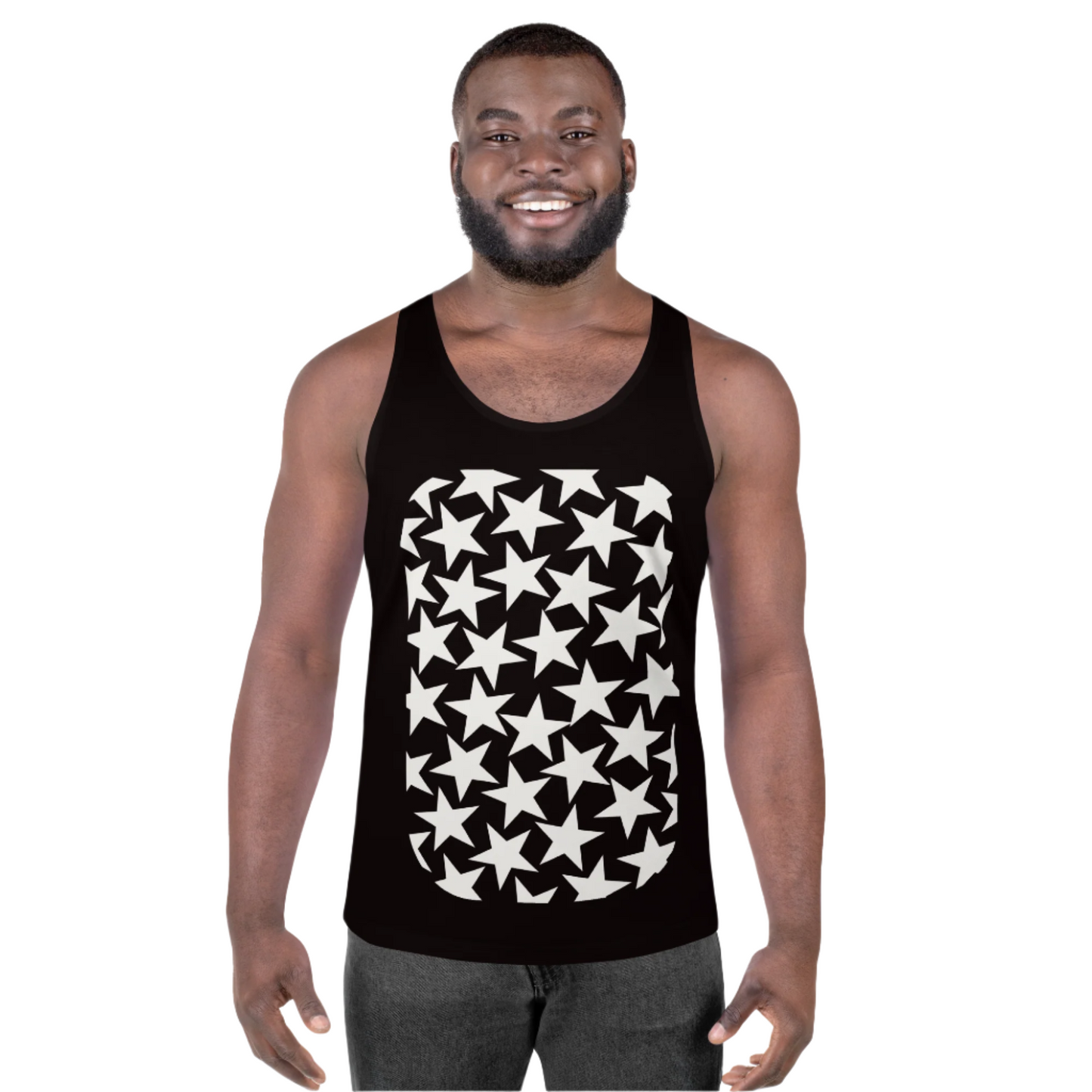 Pro wrestling tights and tank top for men in black and white stars. Bundle.