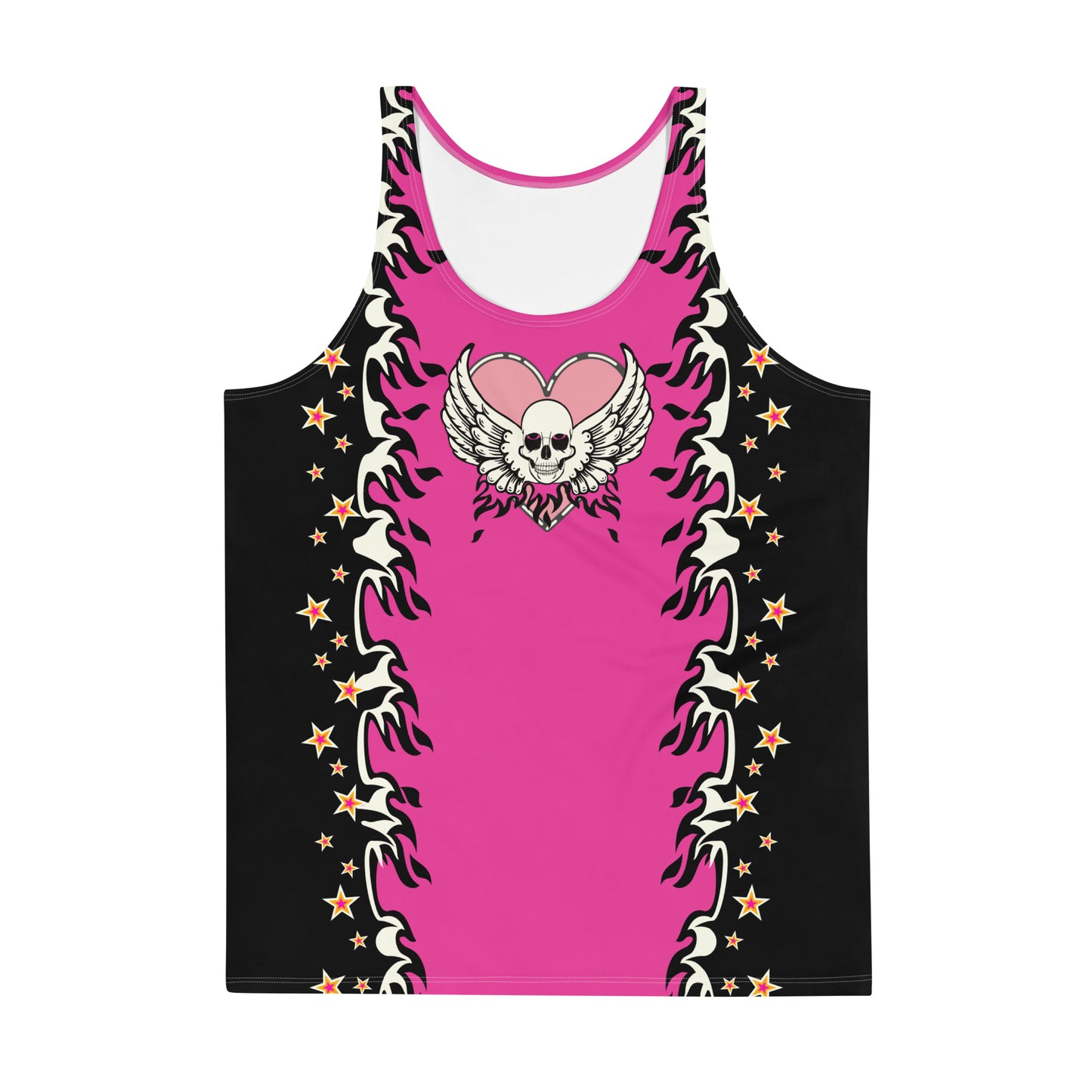 Mens tank top in pink and black with a skull, wings, fire and stars. Pro-wrestling style costume in a retro design.