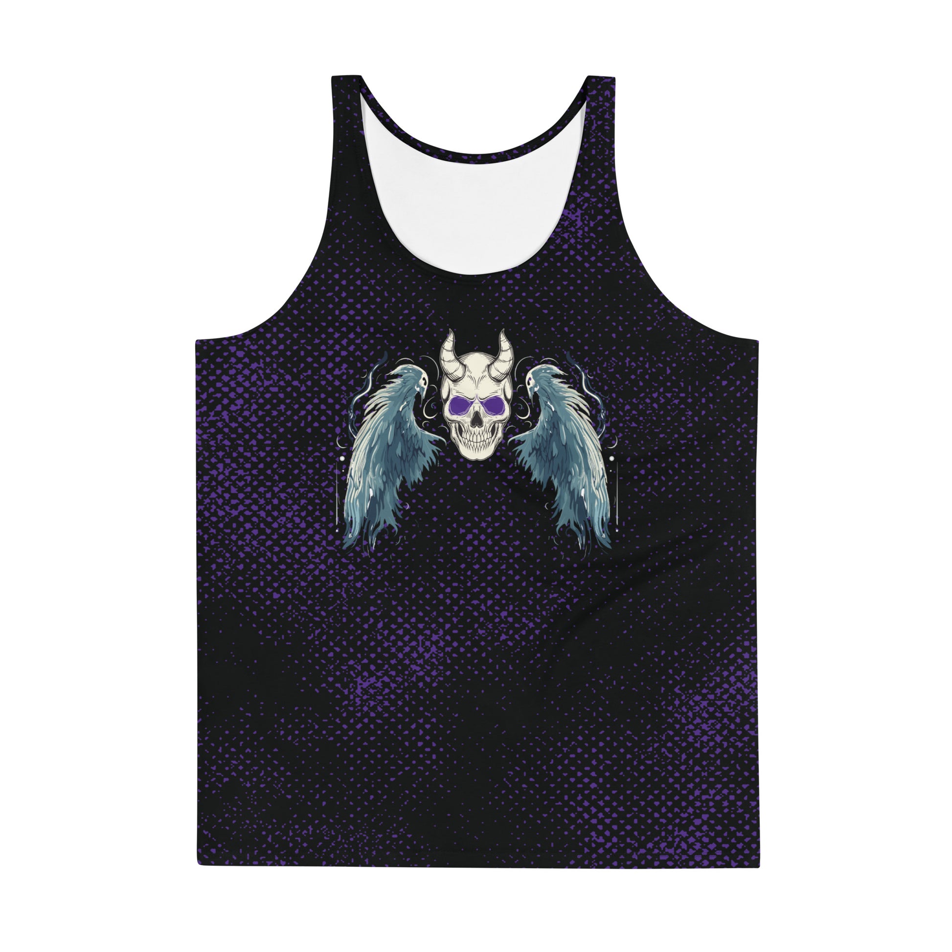 Spooky tank top for men in black and purple displaying a gothic horror skull and wings on the front. Pro wrestling tank top for men.