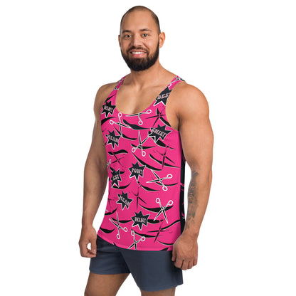 Mens tank top in pink and black with retro pro wrestling gear themes. Wrestling cosplay outfit for guys, Halloween, festivals, rave parties, clubbing. Scissors and slashes with cartoon exclamations.