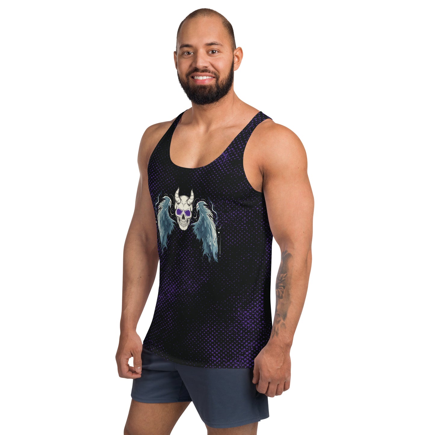 Spooky tank top for men in black and purple displaying a gothic horror skull and wings on the front. Pro wrestling tank top for men.