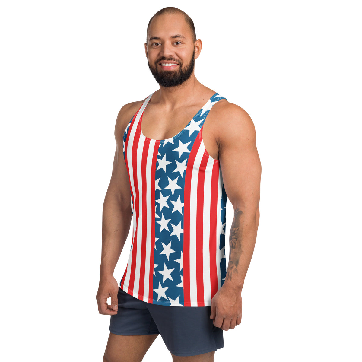 Patriot men's tank top, American flag print, left front view