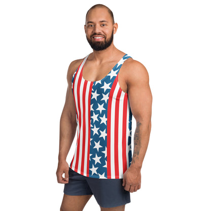 Patriot men's tank top, American flag print, left front view