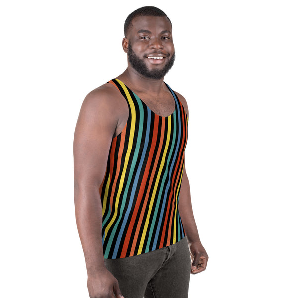 Festival Men&#39;s Tank Top, Stripy Wrestling Style Performance Sports Vest, Rainbowcore Striped Fashion Top, Rave Gear Clubbing Outfit