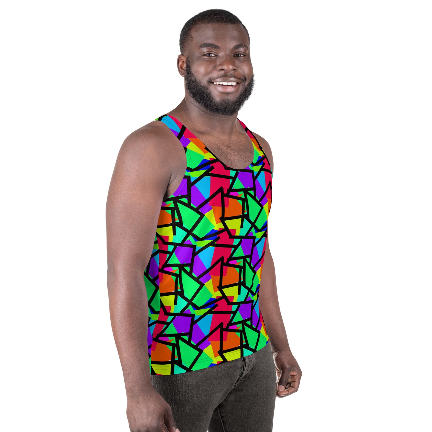 Harajuku Yume Kawaii fashion tank top in brightly coloured Pop Kei 80s Memphis design in red, orange, green, purple, yellow and turquoise geometric shapes and a black zigzag overlay on this neon funky gym and yoga sleeveless muscle top.