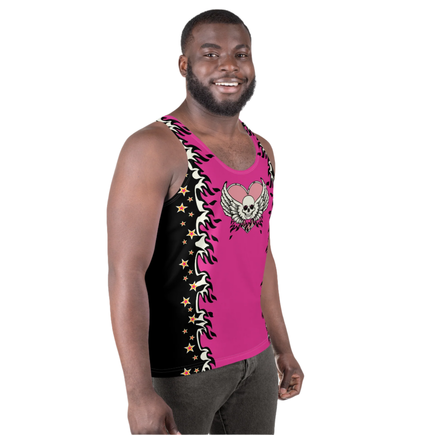 Pink pro wrestling tights for men in black or pink with fire and hearts. Matching tank top with skull and wings and a heart. Pink, black.