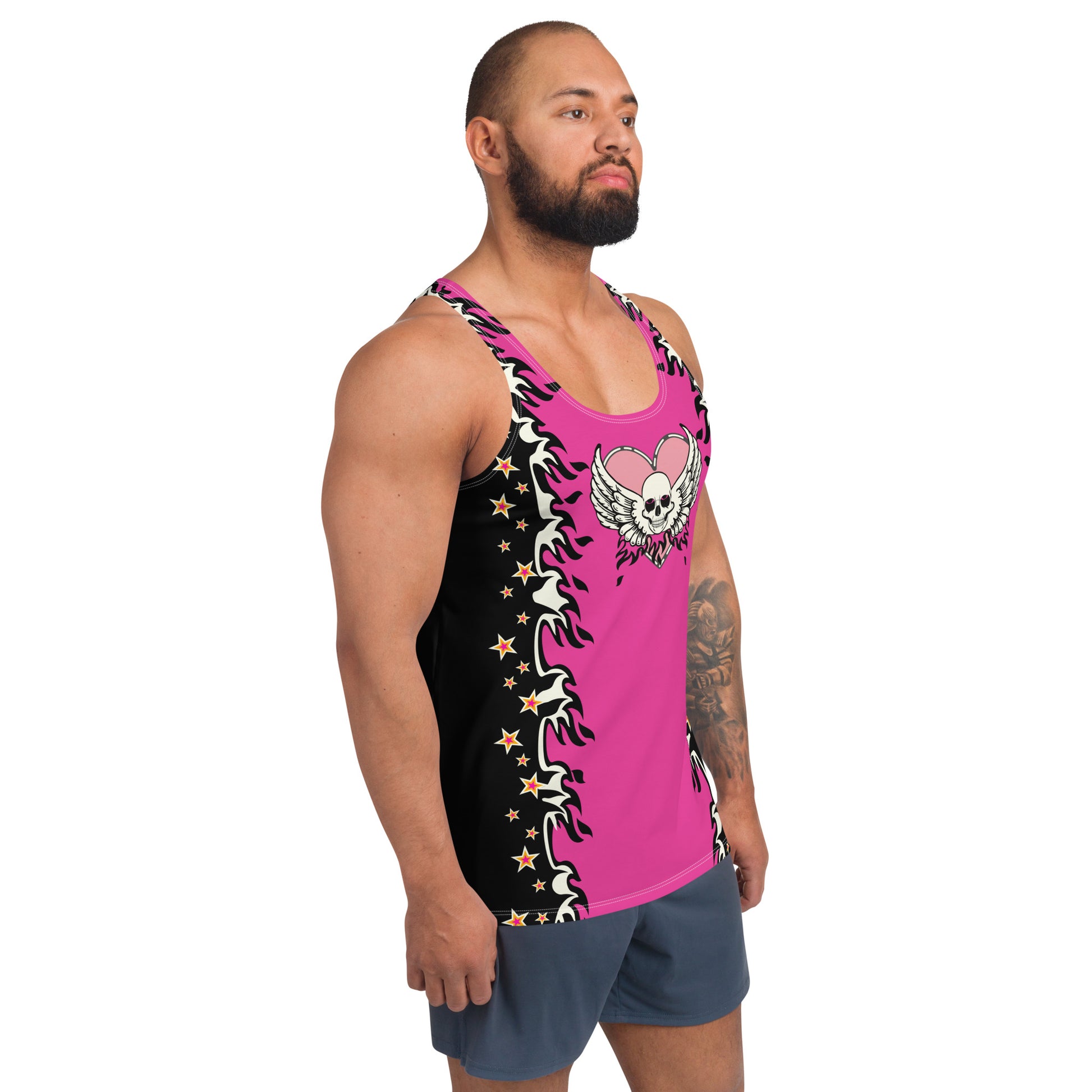 Mens tank top in pink and black with a skull, wings, fire and stars. Pro-wrestling style costume in a retro design.