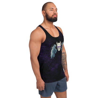 Spooky tank top for men in black and purple displaying a gothic horror skull and wings on the front. Pro wrestling tank top for men.