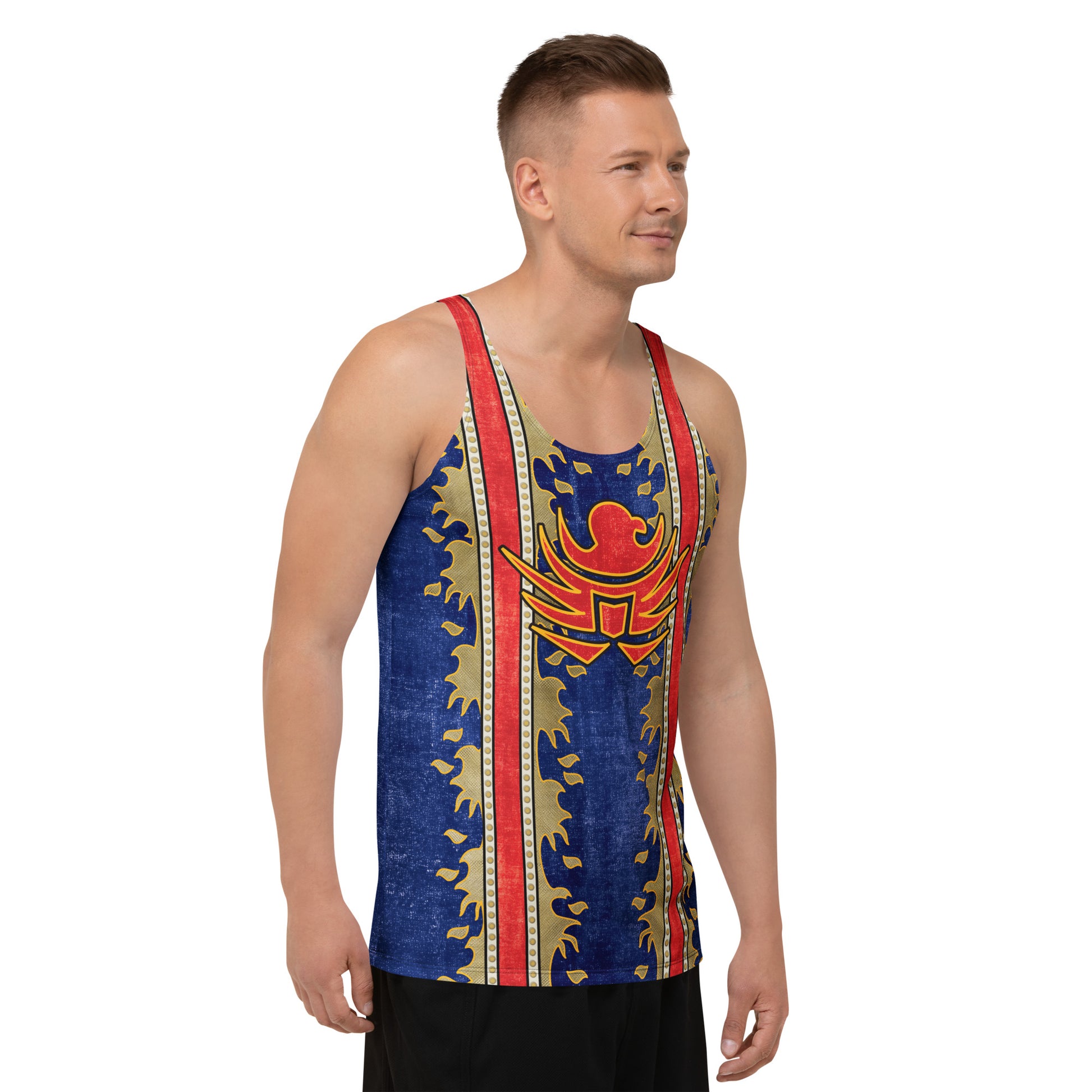 Men modeling Military Eagle retro wrestling tank top with bold graphic american hero and fire print