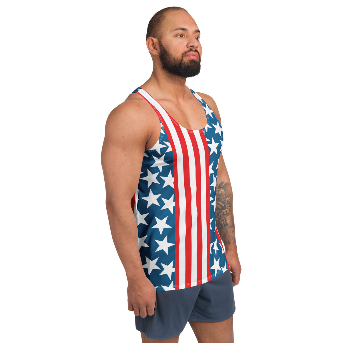 Patriot men's tank top, American flag print, right front view