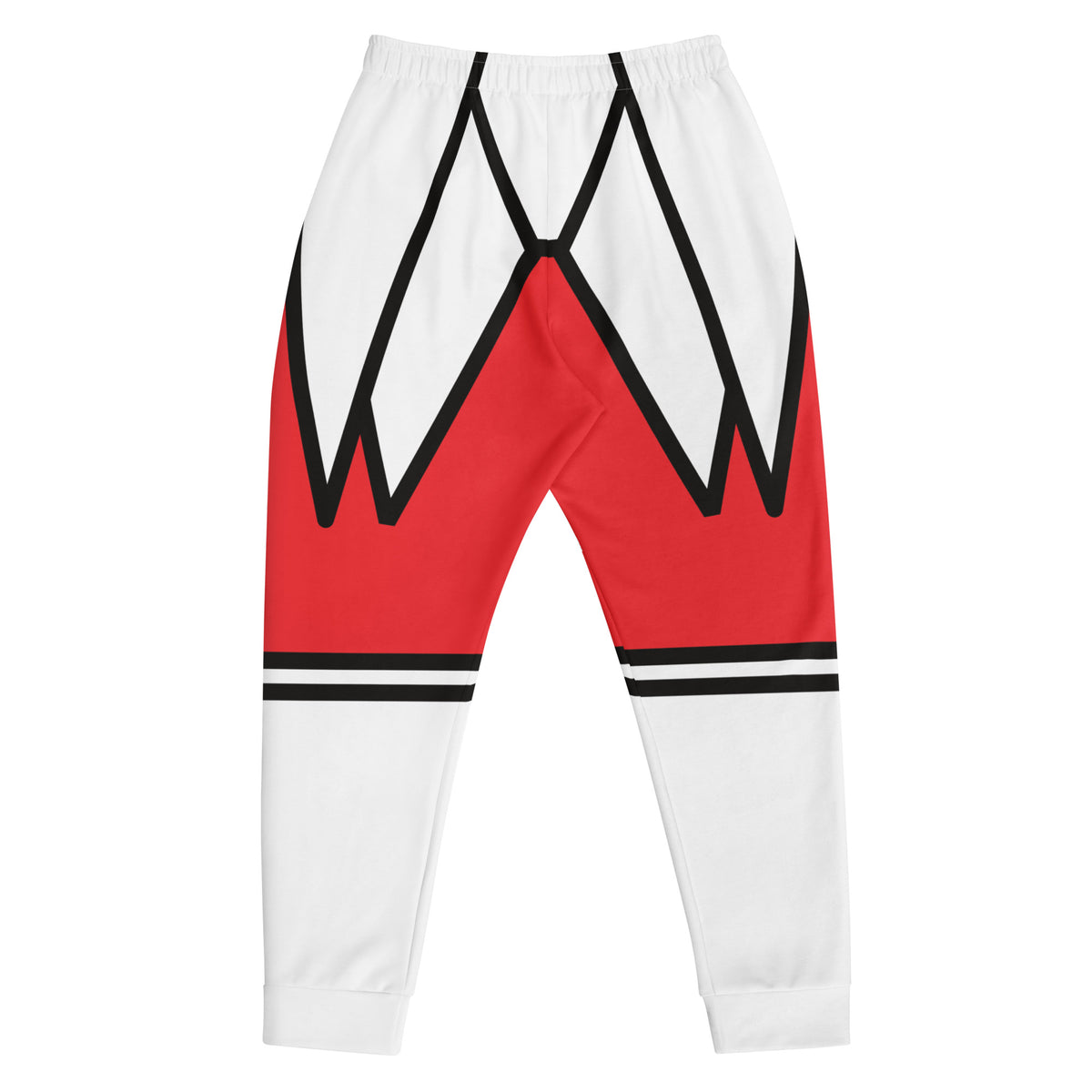 Back of the Crimson Crest men's joggers - white with red peaks and black and white bands below the knee