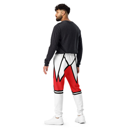 Man in the Crimson Crest wrestling joggers, back view with a dark long-sleeve top