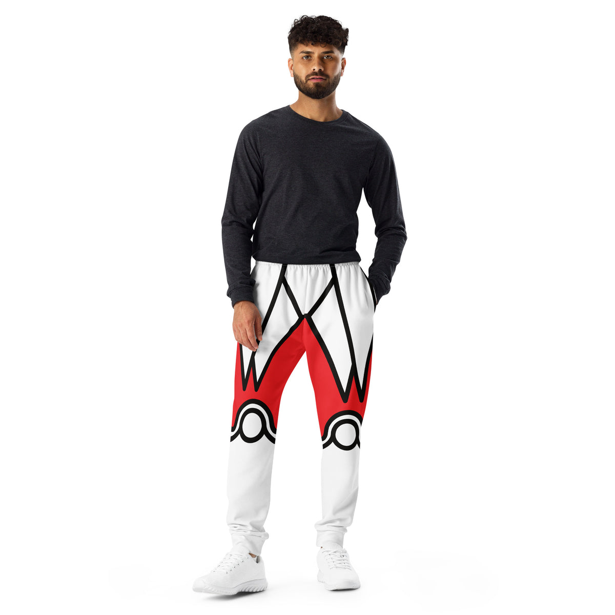 Man wearing red and white wrestling joggers with crest peaks at the hips and black-ringed knees - Crimson Crest design, BillingtonPix
