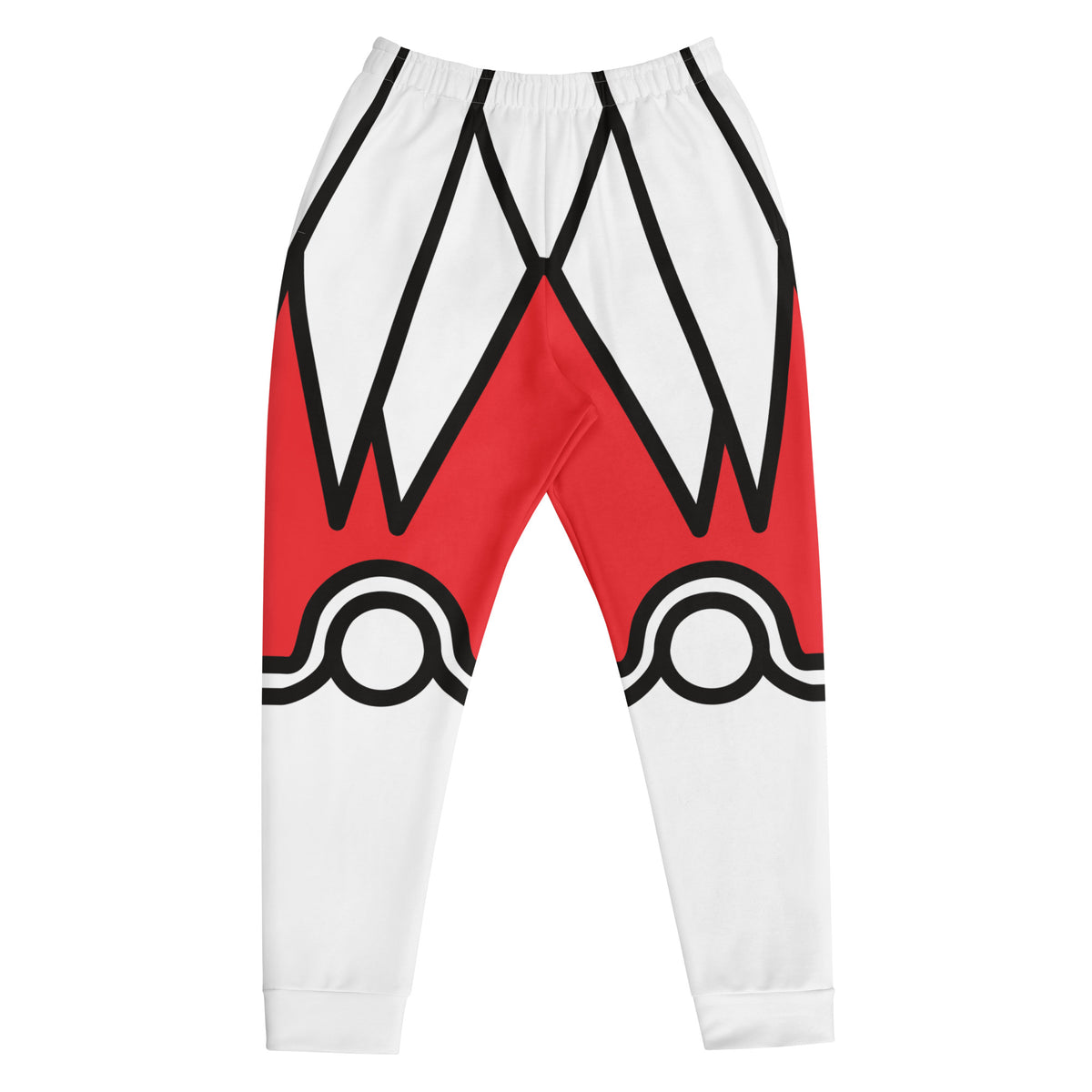 Front of the Crimson Crest men's joggers - tall red and white peaks outlined in black, with ring motifs at the knees