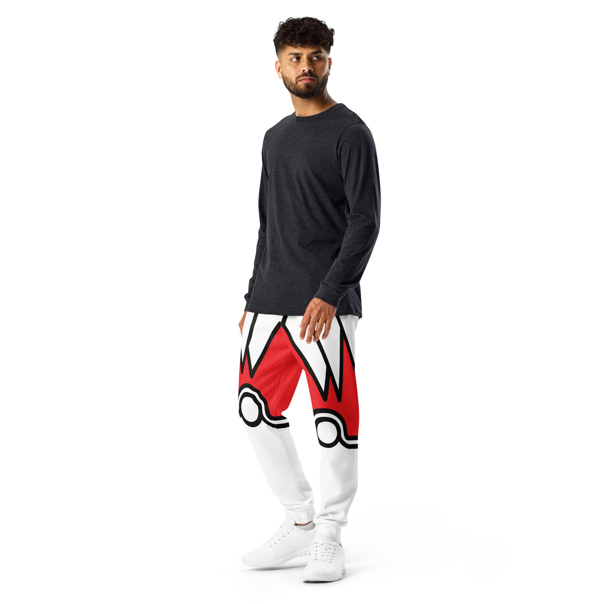 Side view of the red and white Crimson Crest men's joggers with cuffed ankles