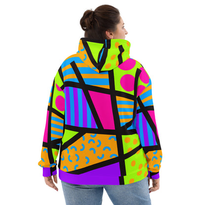 Popping geometric patterned unisex hoodie in vibrant neoncore colors. Black ties, kangaroo pocket, long sleeves