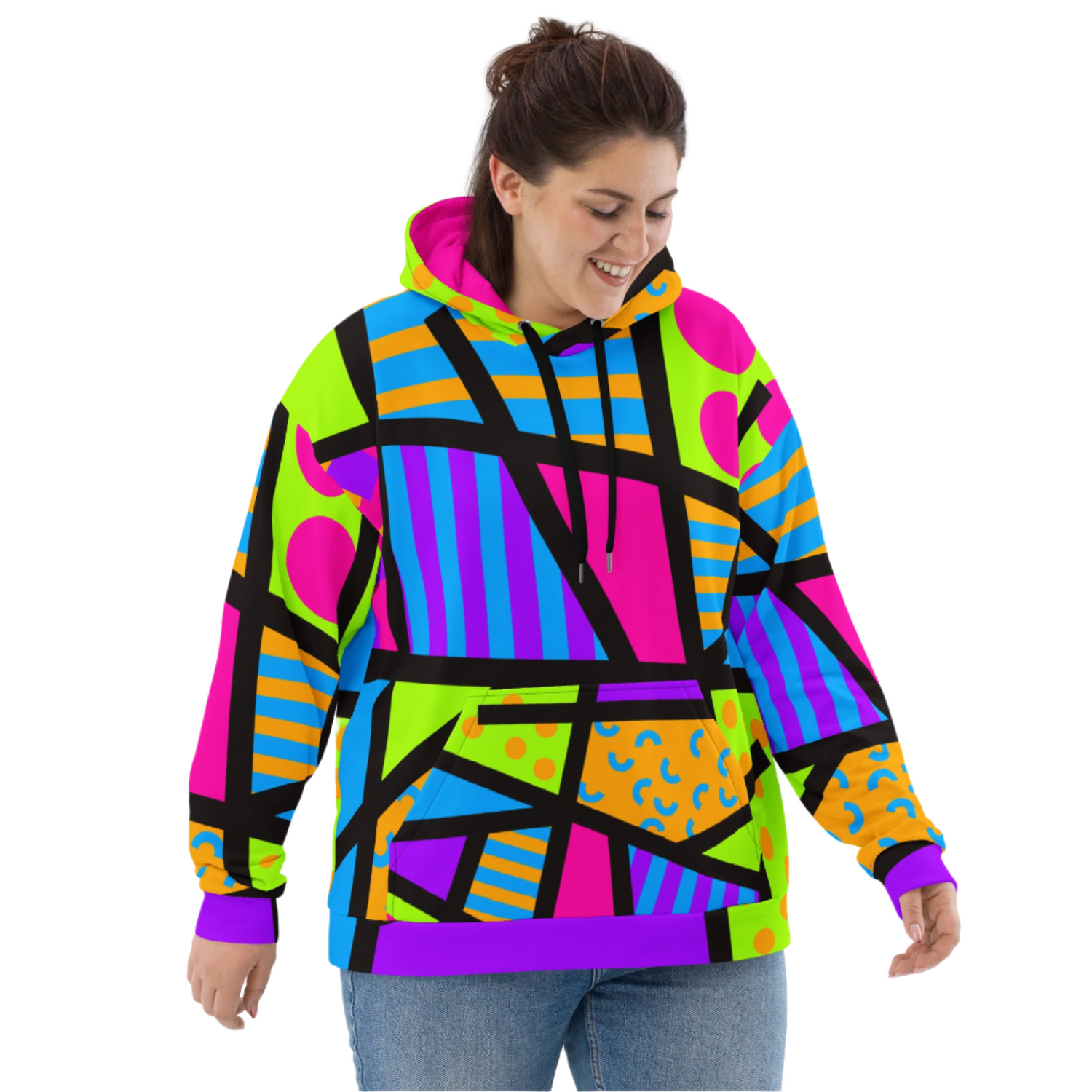 Popping geometric patterned unisex hoodie in vibrant colors. Black ties, kangaroo pocket, long sleeves