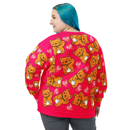 Unisex Sweatshirt, Kawaii Cats and Hearts - Hot Pink