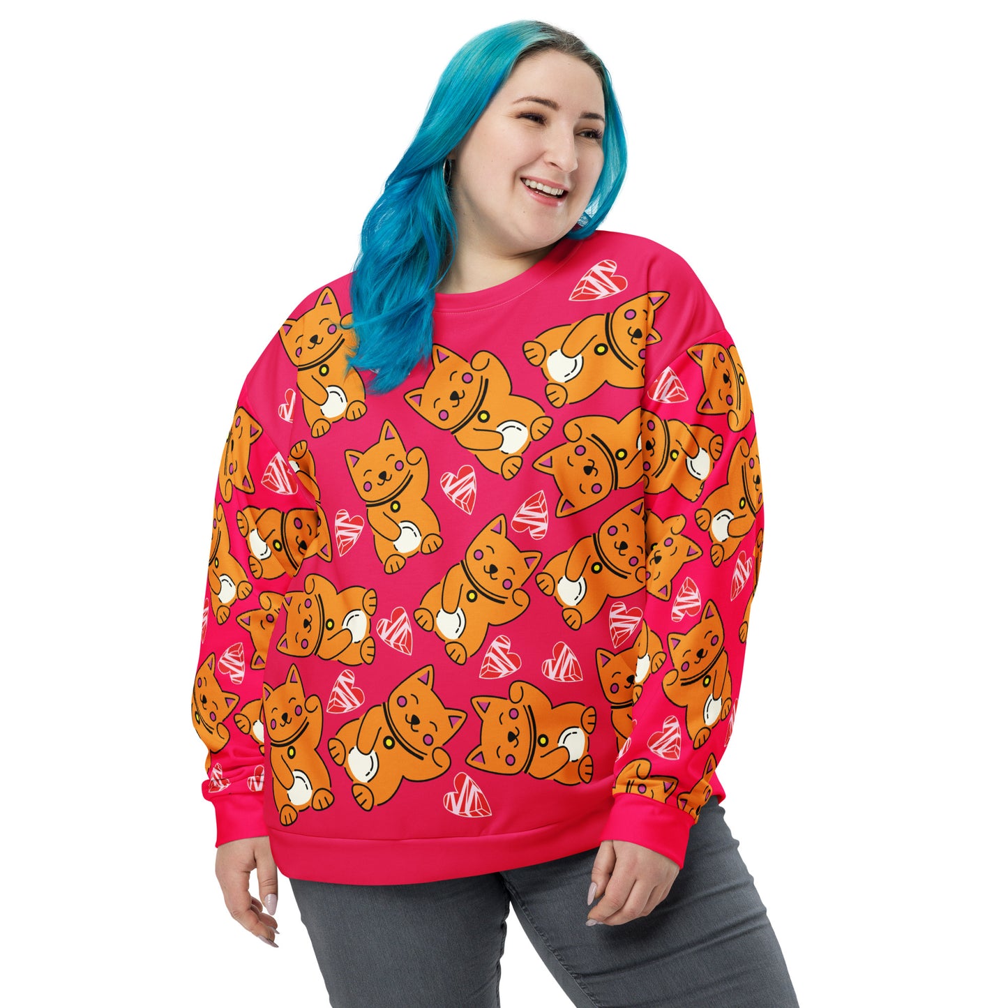 Unisex Sweatshirt, Kawaii Cats and Hearts - Hot Pink