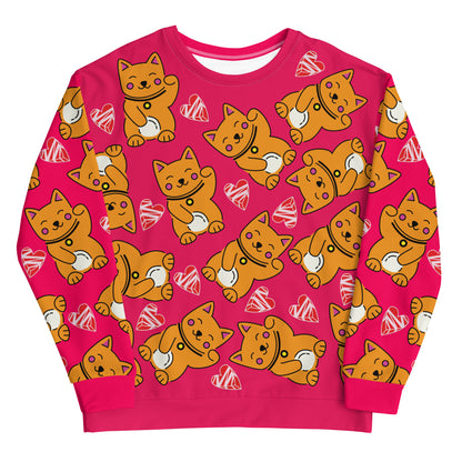 Sudadera unisex, gatos y corazones kawaii, rosa fuerte