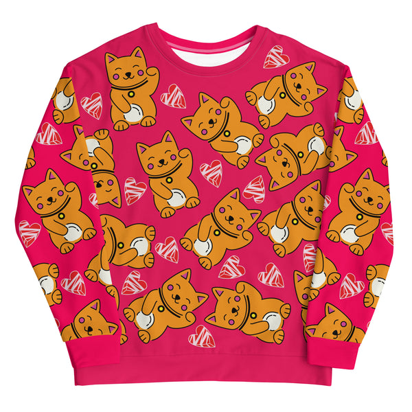 Unisex Sweatshirt Kawaii Cats and Hearts - Hot Pink