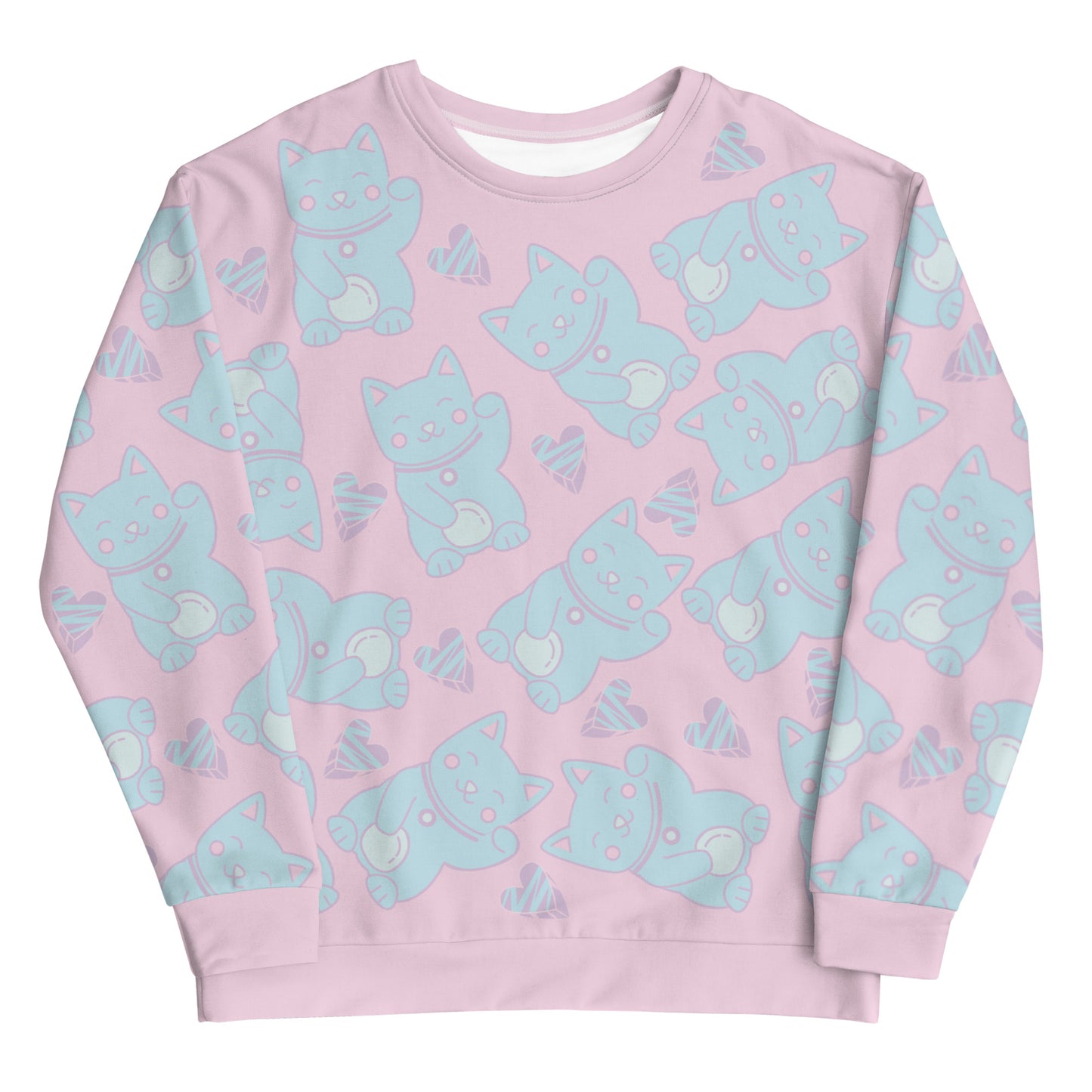 Pastel punk anime Harajuku neko cats in blue against a pink background on this sweater by BillingtonPix