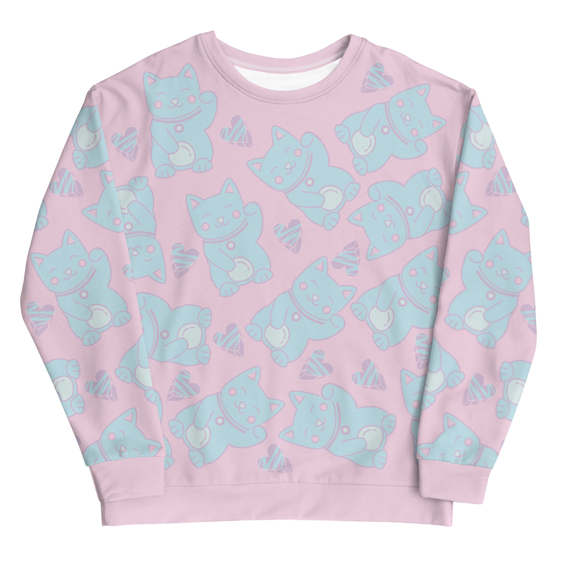 Pastel punk anime Harajuku neko cats in blue against a pink background on this sweater by BillingtonPix