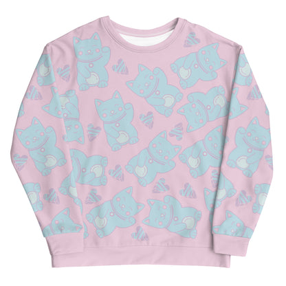 Pastel punk anime Harajuku neko cats in blue against a pink background on this sweater by BillingtonPix