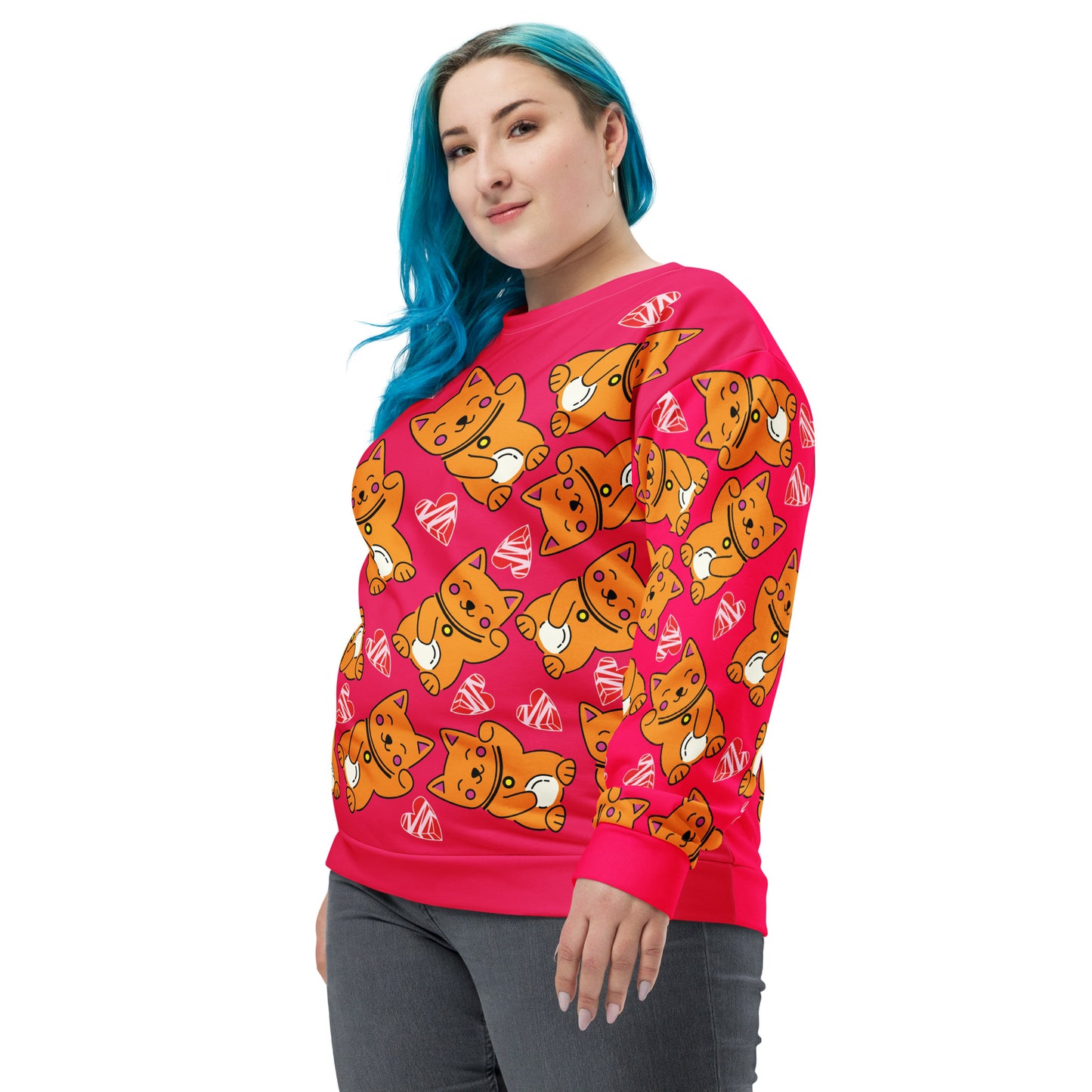 Unisex Sweatshirt, Kawaii Katzen und Herzen - Hot Pink