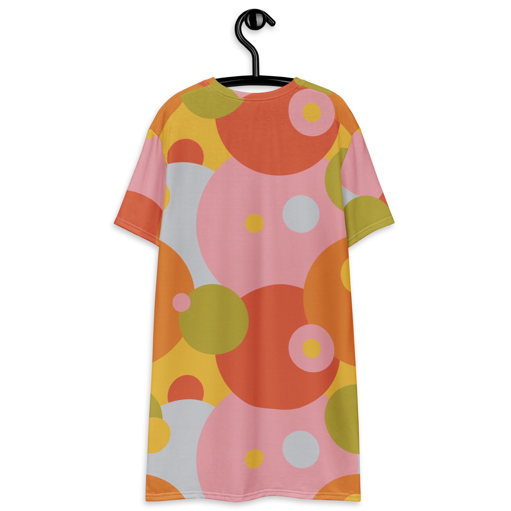 Retro Groovy Patterned T-shirt Dress | 60s 70s Style Abstract Circular Summer Fashion | Harajuku Pastel Punk Alt JFashion. Soft pastel punk geometric circles all over print design shirt dress in bold fun summer vibes. Circular 2D 80s Memphis style.