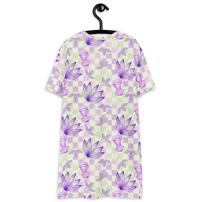 Pastel Floral Geometric whimsigoth Style T-shirt Dress | Vapowave Clothing | Botanical Shirtdress | Retrowave Streetwear Fashion. Michelangelo David status with flowers on checked design in purple and lime green