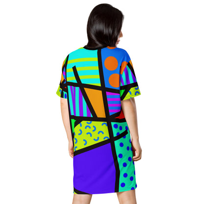 Crazy geometric patterned t-shirt dress in a Harajuku fashion style with Pop Kei, Kedeko Kei and Yume Kawaii vibes. Colorful patterns on this unique Decora Kei streetwear or otherwise night shirt fashion staple by BillingtonPix