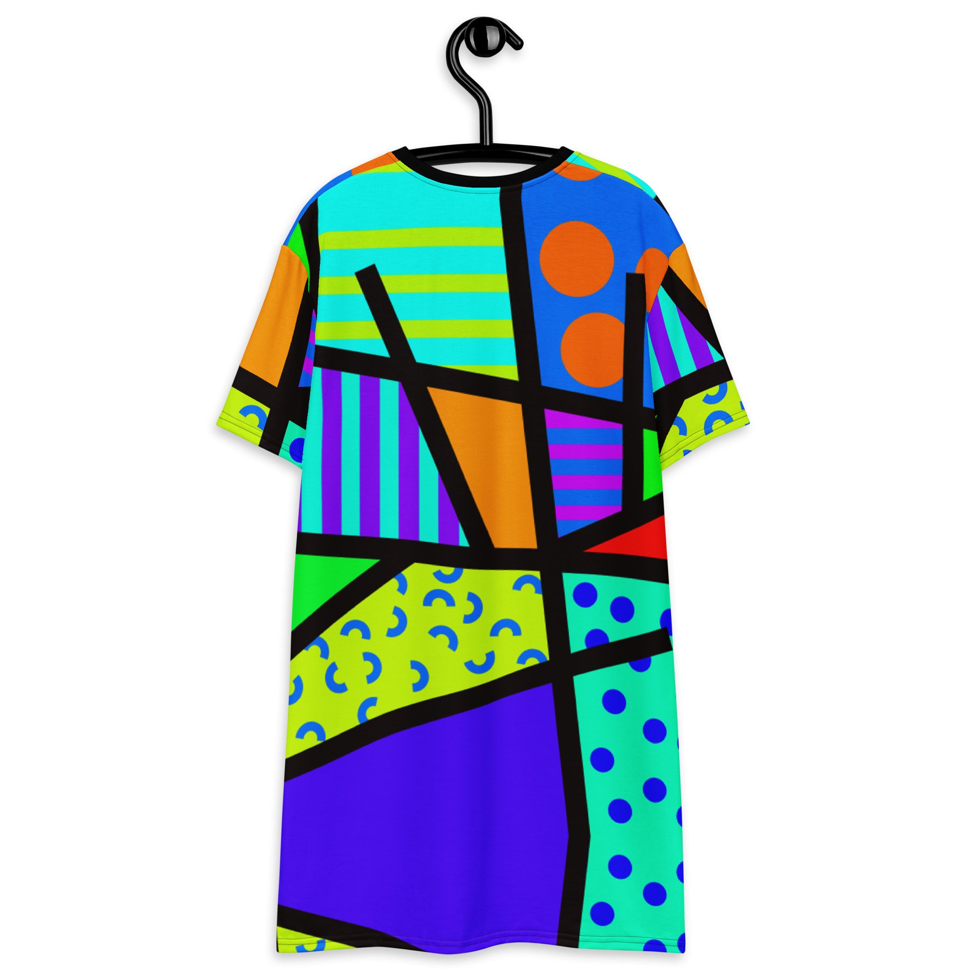 Crazy geometric patterned t-shirt dress in a Harajuku fashion style with Pop Kei, Kedeko Kei and Yume Kawaii vibes. Colorful patterns on this unique Decora Kei streetwear or otherwise night shirt fashion staple by BillingtonPix