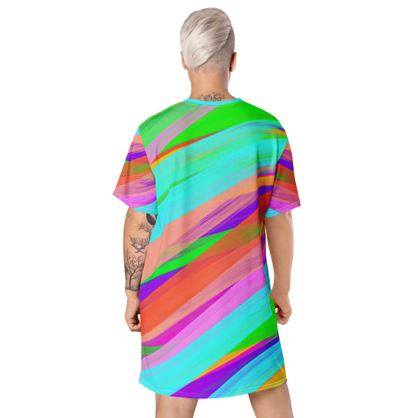 Harajuku oversize t-shirt dress in hedeko kei bright colourful paint stripes. Wearable art. Yume kawaii fashion, clubbing outfit. Stripy ravewear and clubbing outfit. Rainbowcore aesthetic