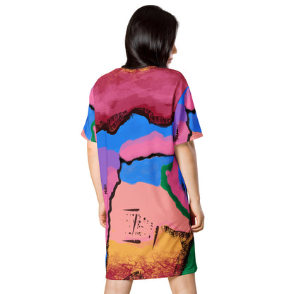 Abstract Art T-shirt dress | Pastel Goth Tie-Dye Style Graphic Shirt Dress | Festival Outfit | Clubbing Rave Gear. Purple, blue, pink, orange and green paint color blocks with a black outline.