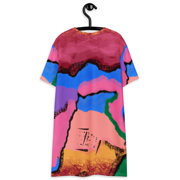 Abstract Art T-shirt dress | Pastel Goth Tie-Dye Style Graphic Shirt Dress | Festival Outfit | Clubbing Rave Gear. Purple, blue, pink, orange and green paint color blocks with a black outline.