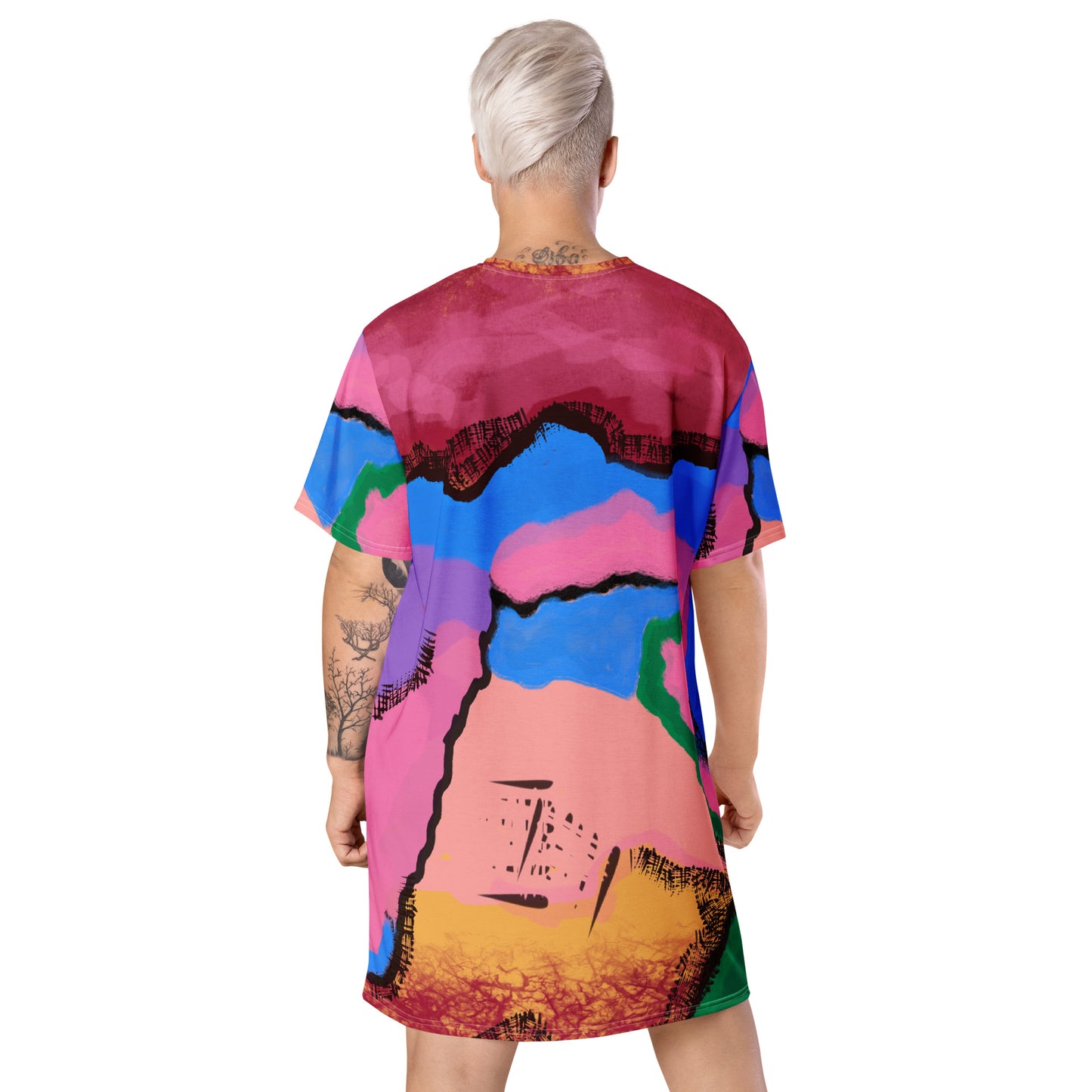 Abstract Art T-shirt dress | Pastel Goth Tie-Dye Style Graphic Shirt Dress | Festival Outfit | Clubbing Rave Gear. Purple, blue, pink, orange and green paint color blocks with a black outline.