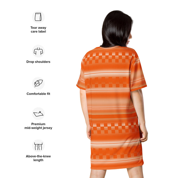 all-over print graphic t-shirt dress with an orange geometric and linear pattern