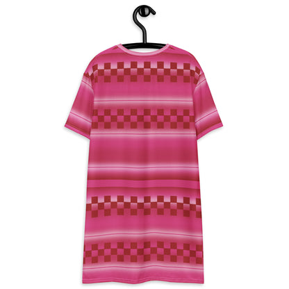 Cute all-over print graphic t-shirt dress with an cherry pink geometric and linear pattern.