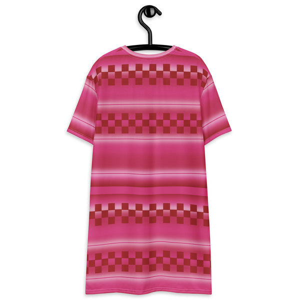Cute all-over print graphic t-shirt dress with an cherry pink geometric and linear pattern.