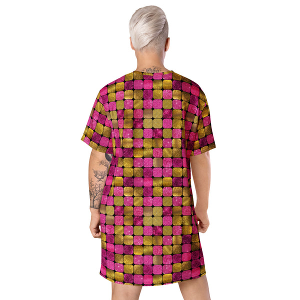 Glamorous disco style t-shirt dress with geometric pink gold glitter effect. For anyone who loves to perform and show off their unique personality. Retro style alternative fa