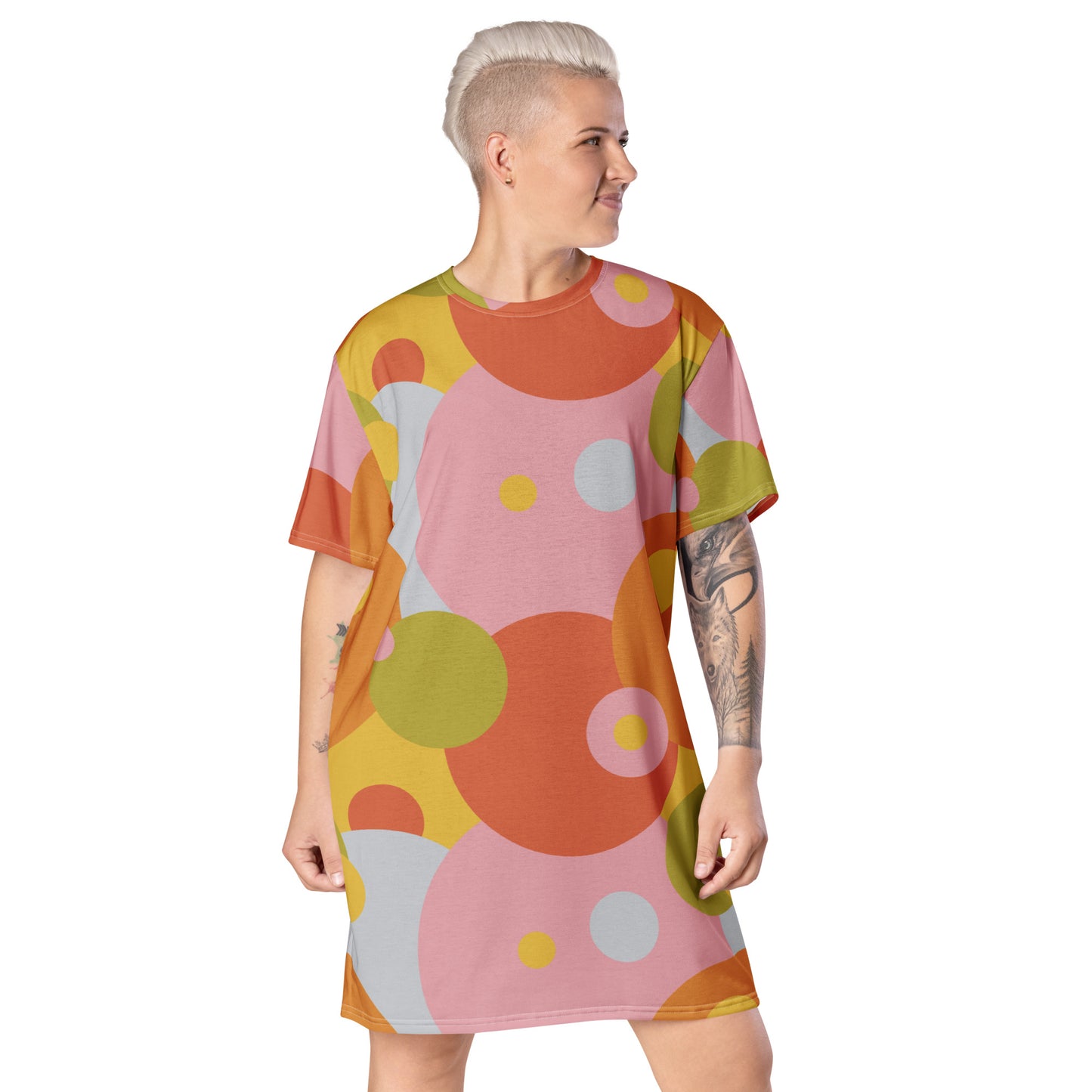 Retro Groovy Patterned T-shirt Dress | 60s 70s Style Abstract Circular Summer Fashion | Harajuku Pastel Punk Alt JFashion. Soft pastel punk geometric circles all over print design shirt dress in bold fun summer vibes. Circular 2D 80s Memphis style.