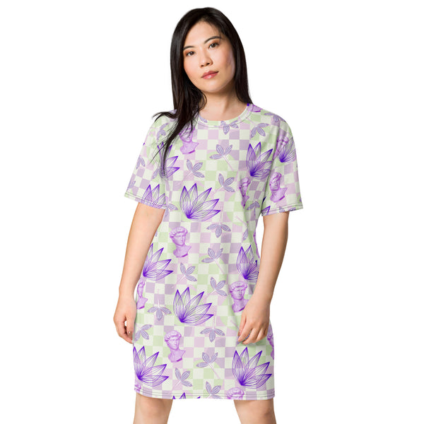 Pastel Floral Geometric Style T-shirt Dress | Vapowave Clothing | Botanical Shirtdress | Retrowave Streetwear Fashion. Michelangelo David status with flowers on checked design in purple and lime green