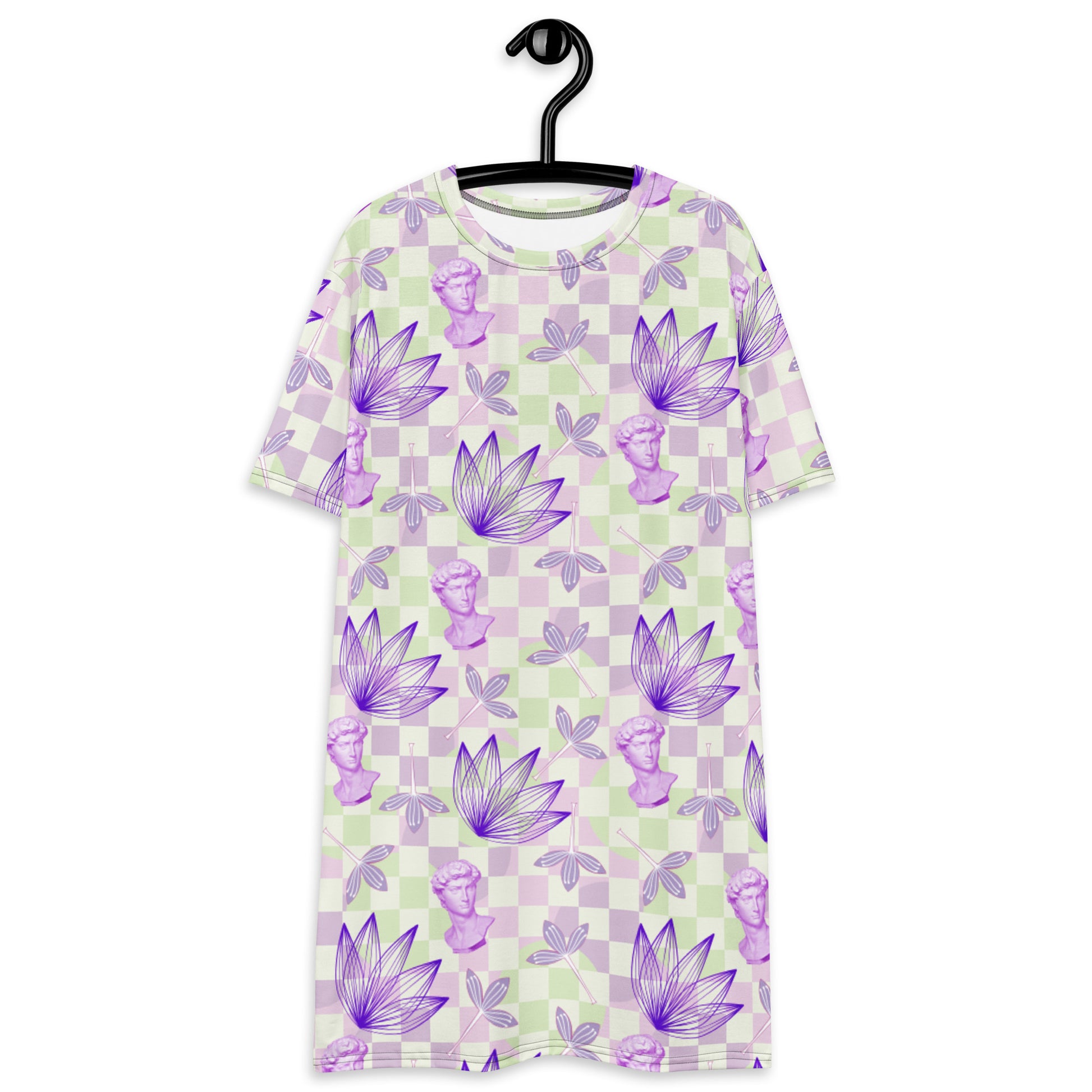 Pastel Floral Geometric whimsigoth Style T-shirt Dress | Vapowave Clothing | Botanical Shirtdress | Retrowave Streetwear Fashion. Michelangelo David status with flowers on checked design in purple and lime green